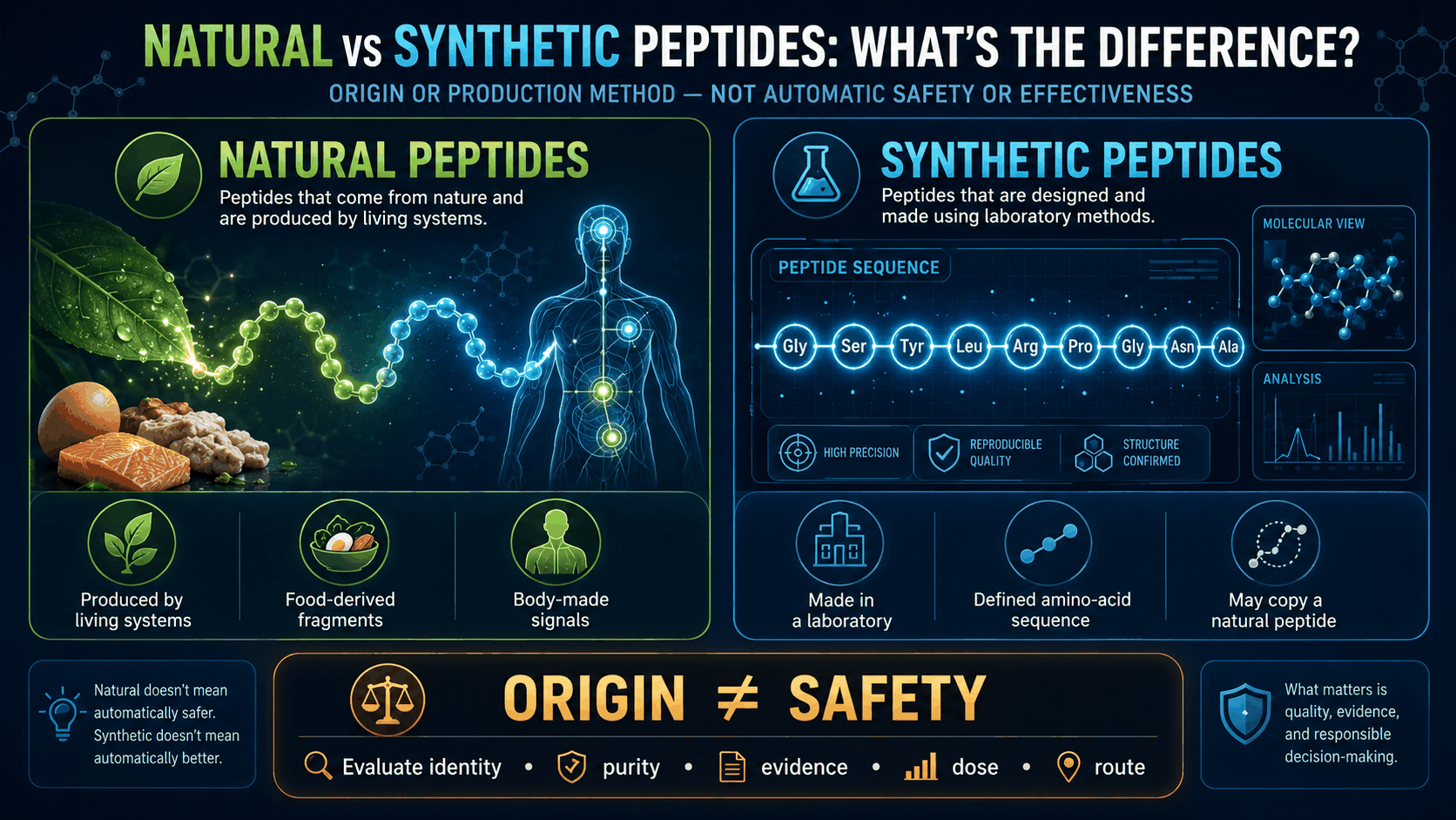 Natural vs synthetic peptides infographic comparing origin and quality questions