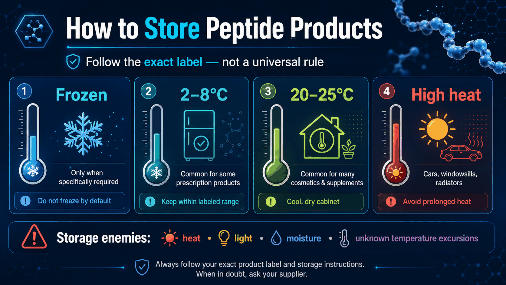 Peptide product storage zones infographic showing frozen, refrigerated, room temperature, and high heat warnings