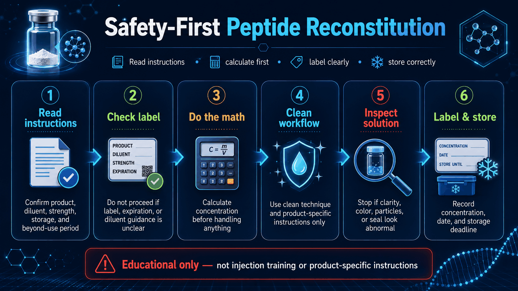 Concentration math and labeling infographic for lyophilized peptide preparation