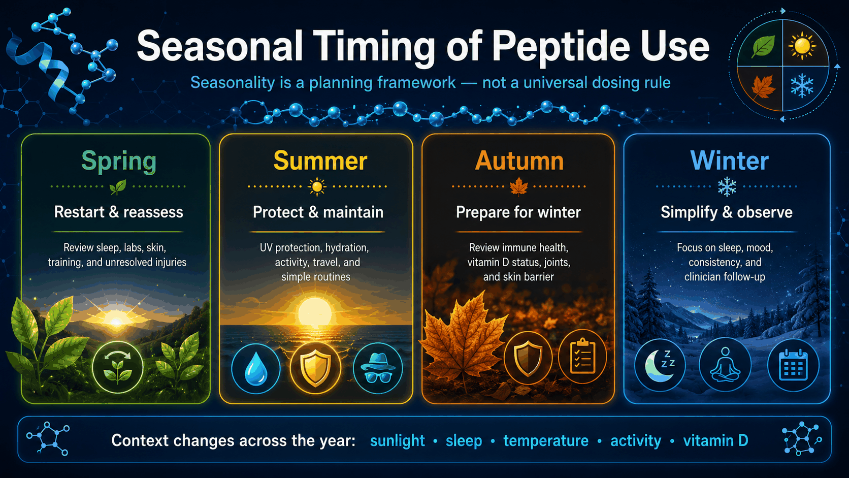 Seasonal timing of peptide use infographic with spring summer autumn and winter planning framework