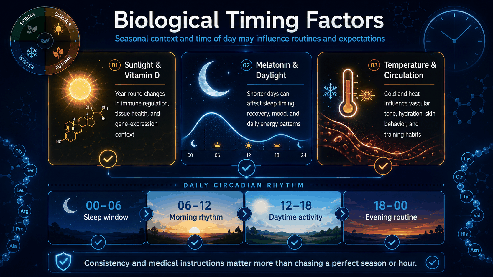 Biological timing factors infographic showing sunlight vitamin D melatonin daylight temperature circulation and circadian windows