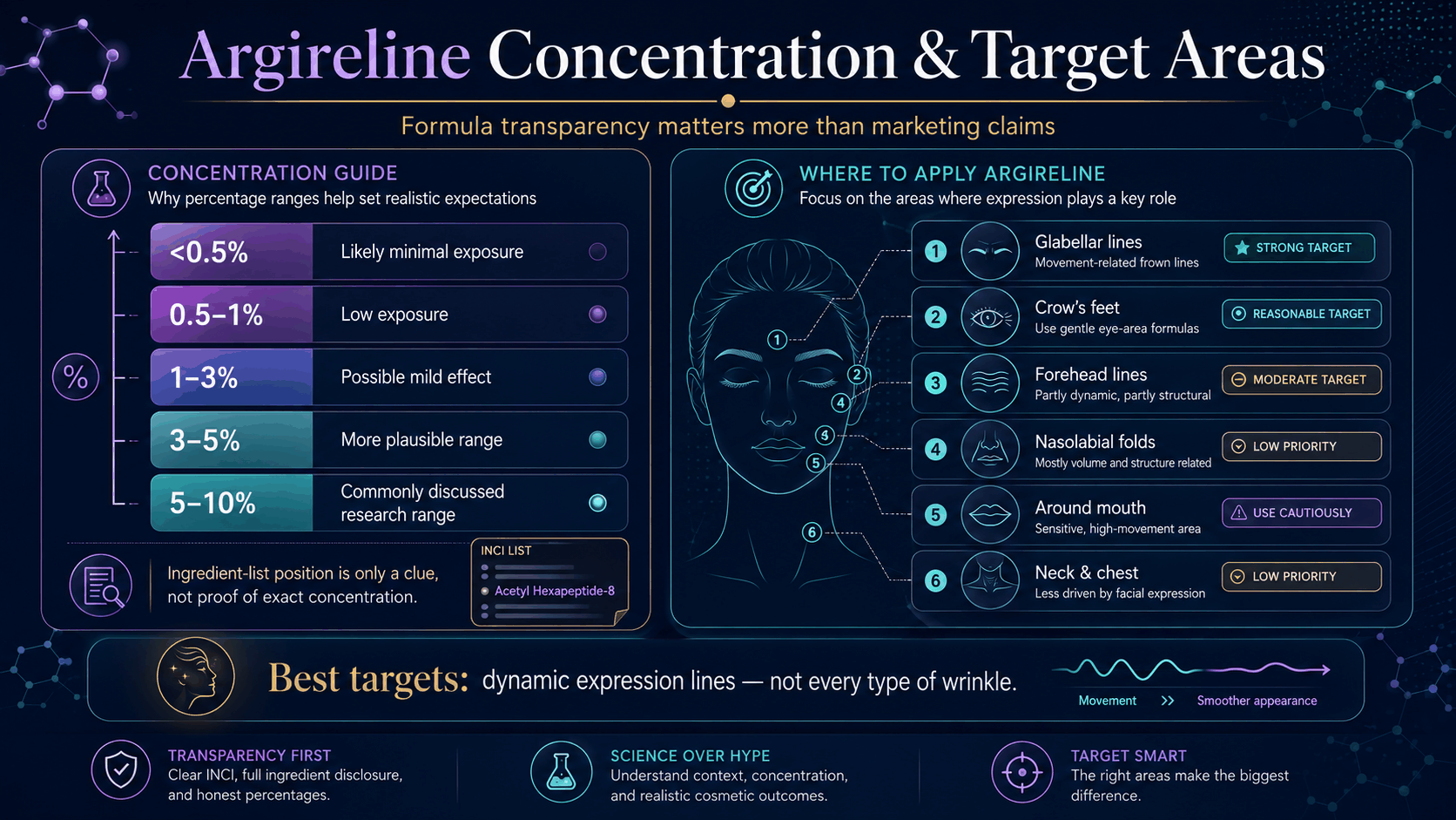 Argireline concentration and target areas infographic