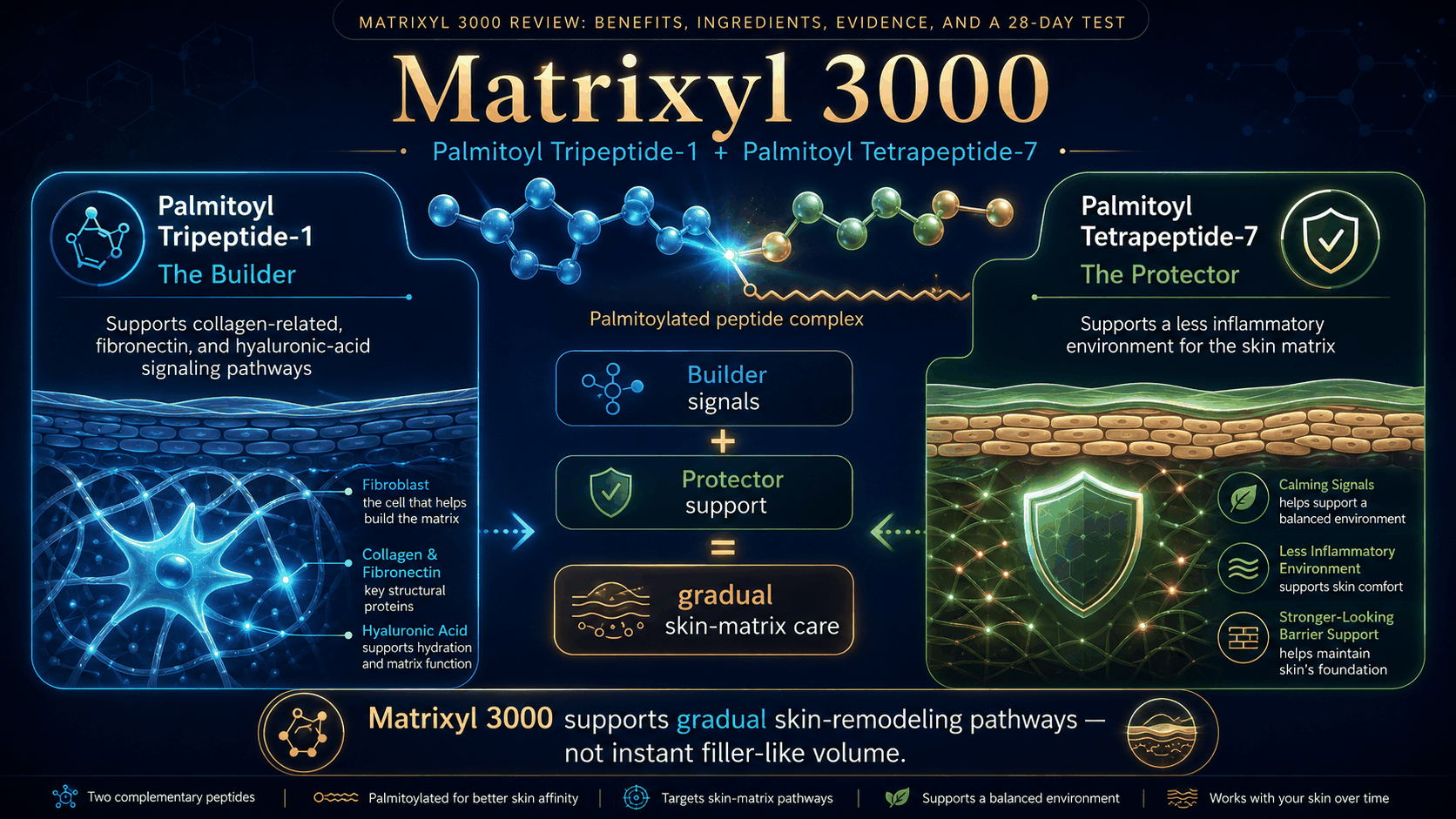 Matrixyl 3000 two peptide complex infographic showing builder and protector peptides