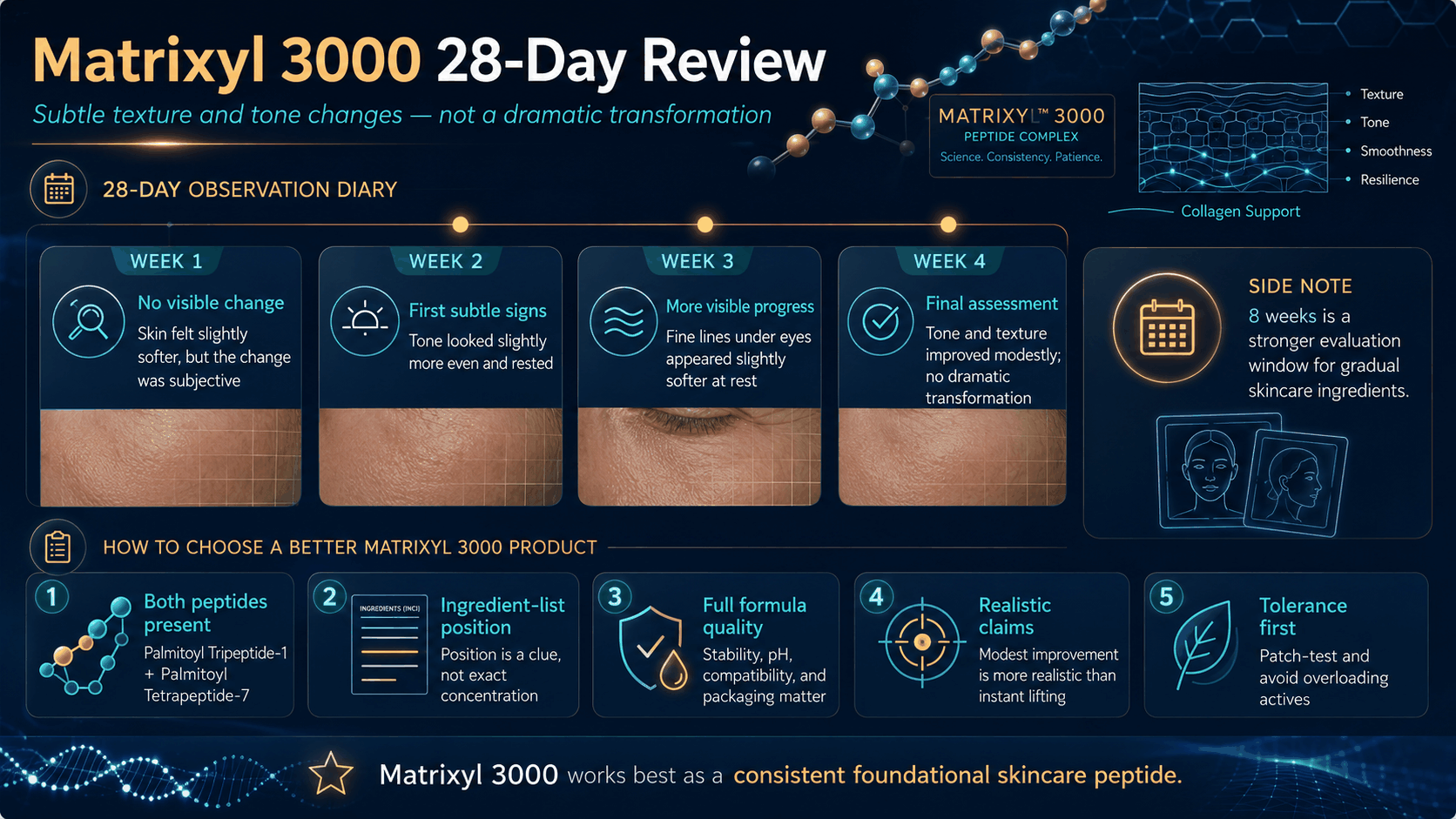 Matrixyl 3000 28-day skincare review infographic with four-week observation timeline