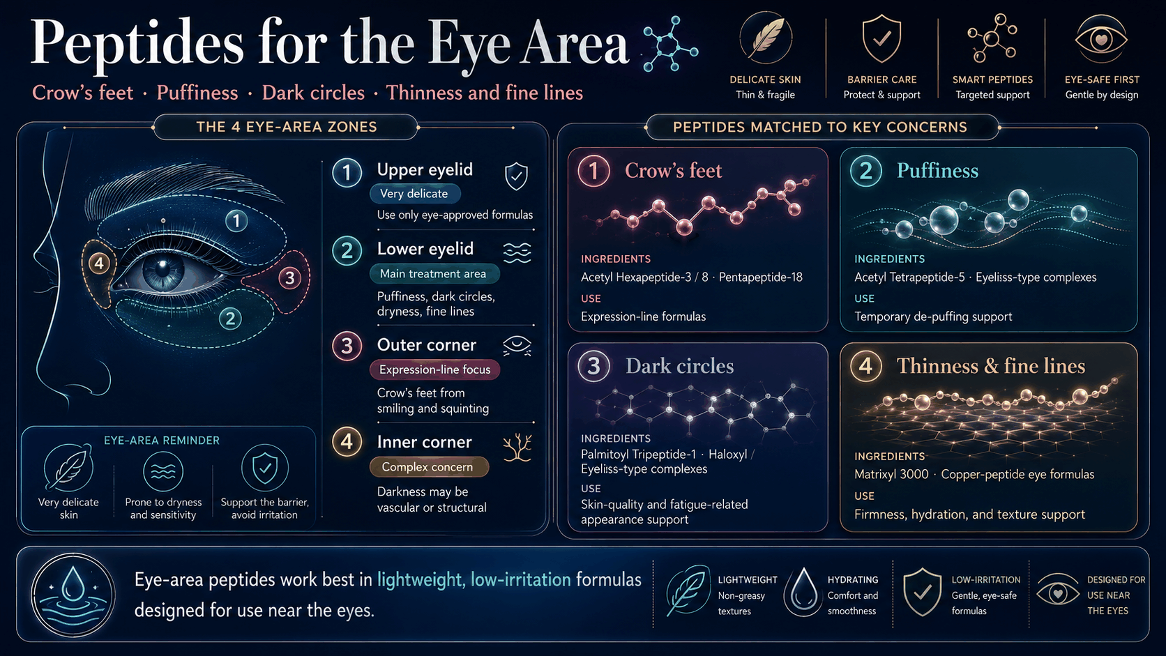 Peptides for the eye area infographic showing four eye zones and peptide categories by concern
