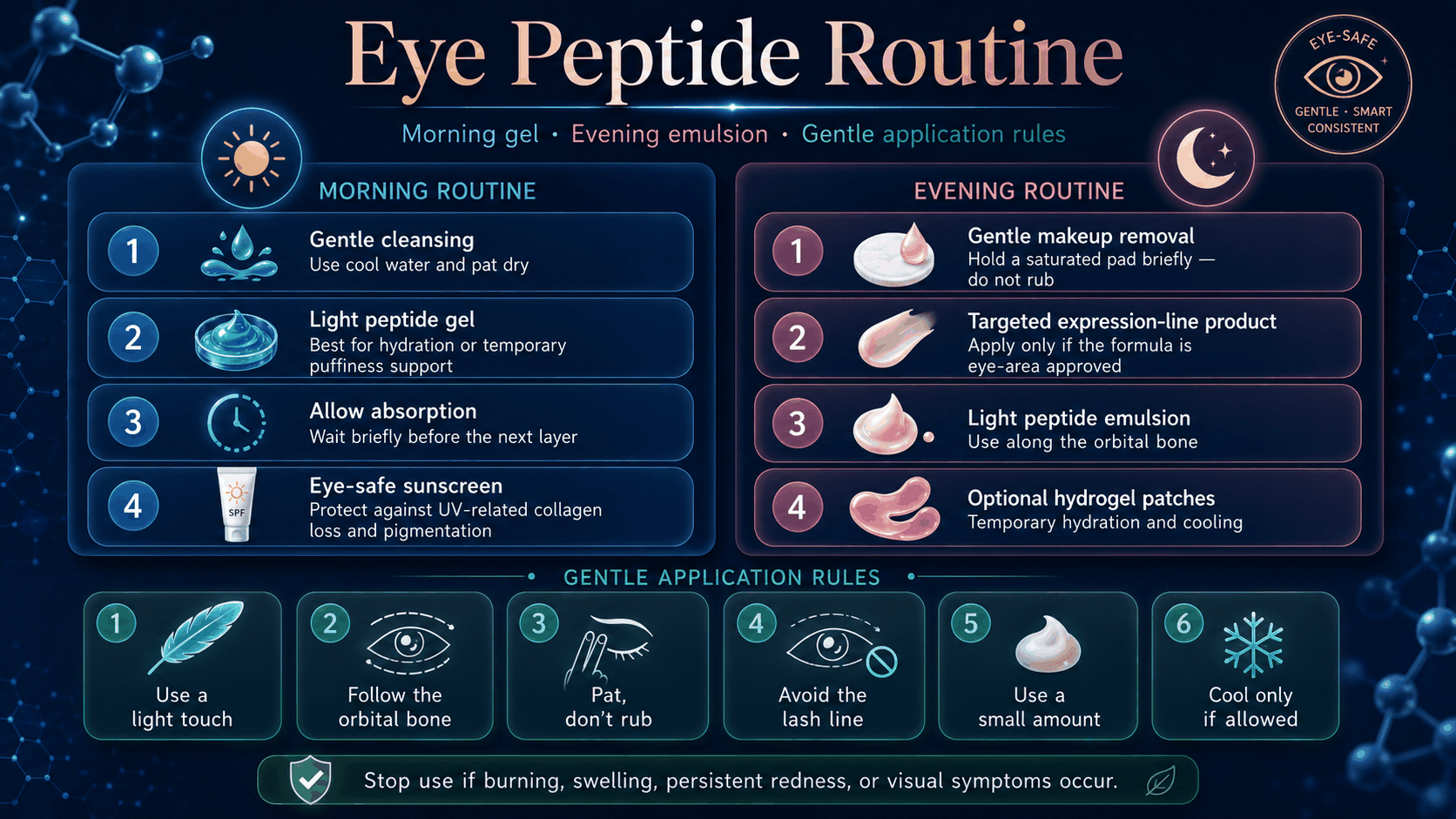 Eye peptide routine infographic showing morning evening routine and six application rules