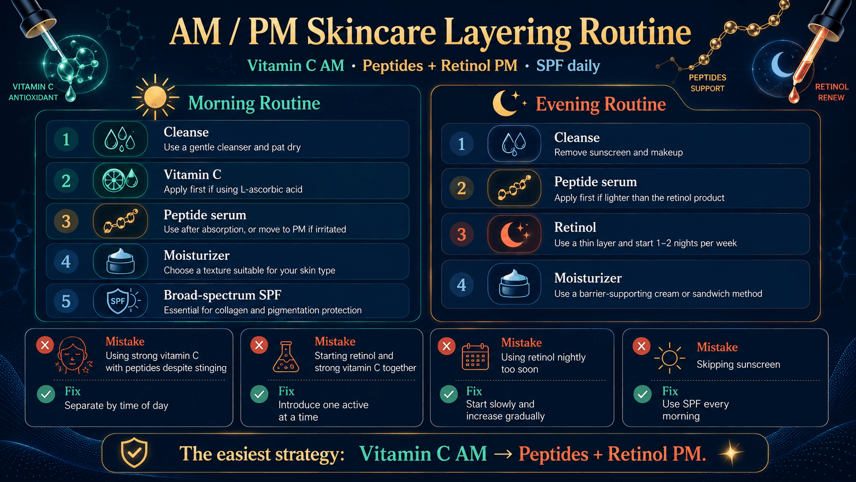 AM and PM skincare routine infographic for peptides retinol and vitamin C