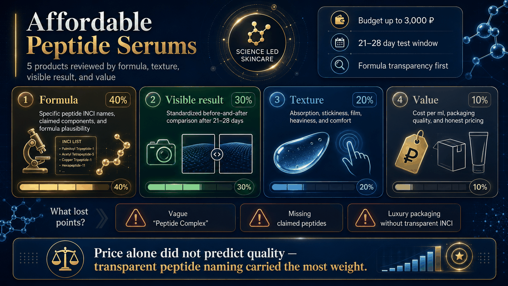 Affordable peptide serum scoring method infographic