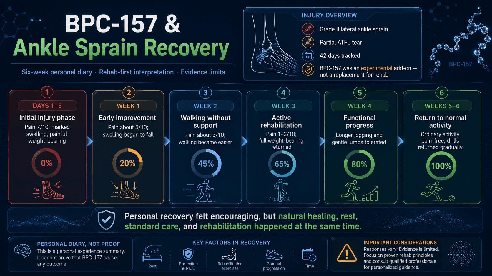 BPC-157 ankle sprain six-week recovery diary infographic