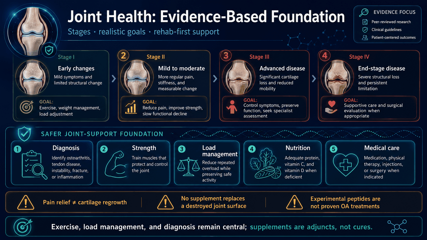 Joint health osteoarthritis stages and evidence-based foundation infographic