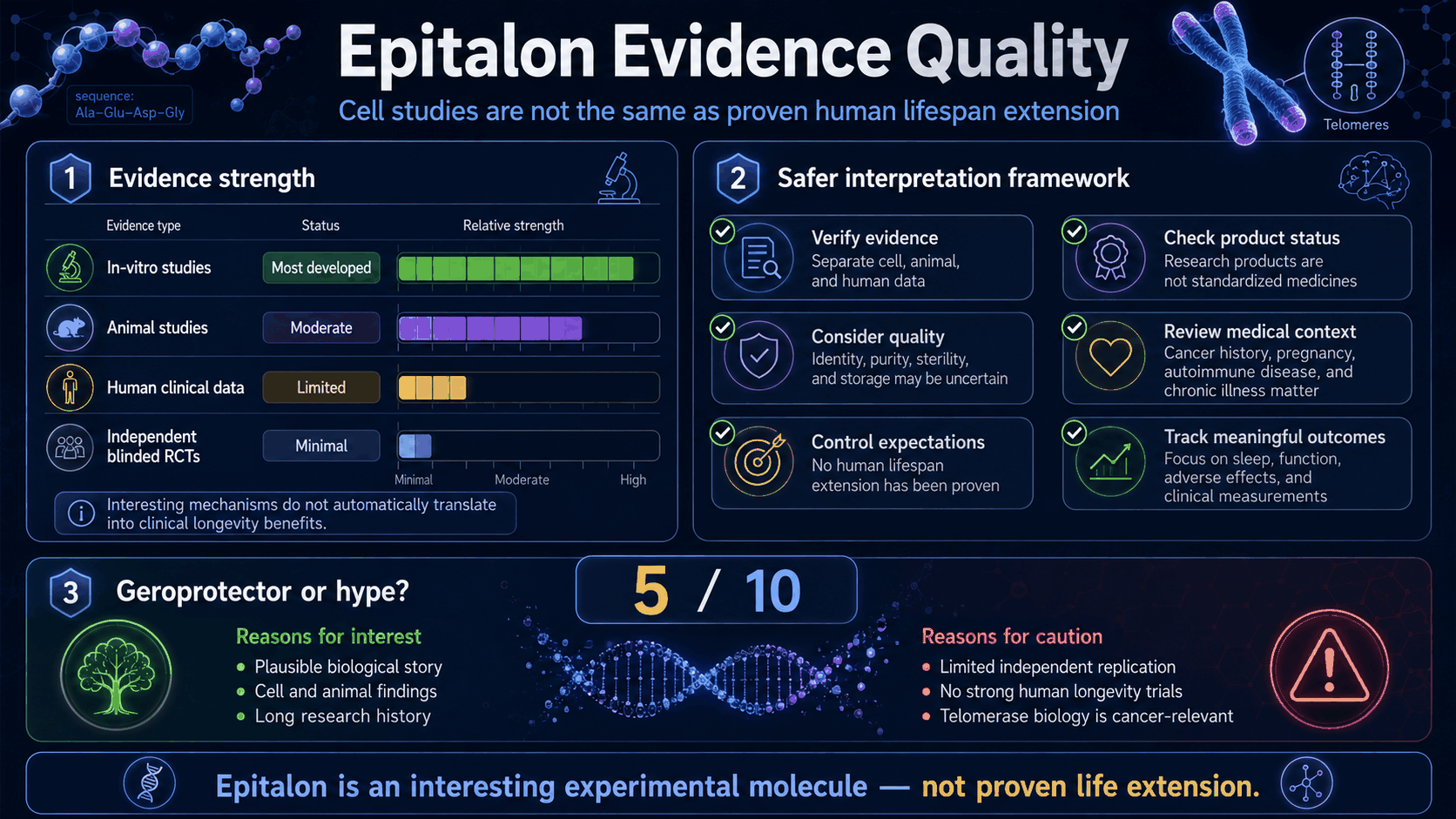 Epitalon evidence quality and healthy aging framework infographic