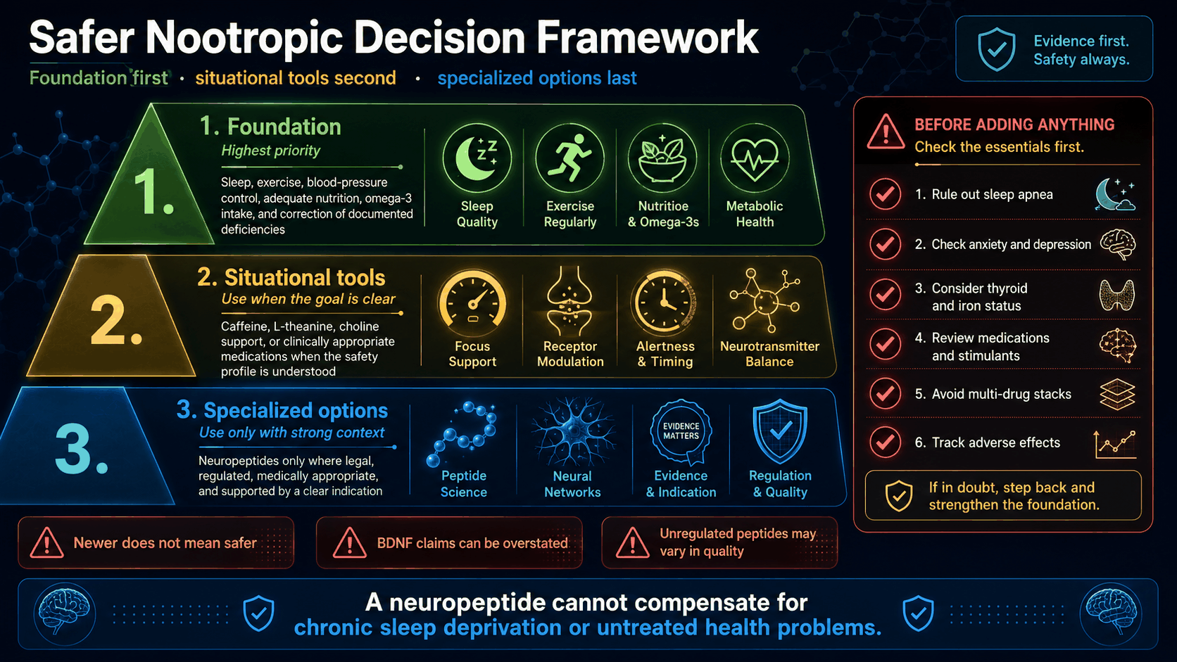 Safer nootropic decision framework infographic
