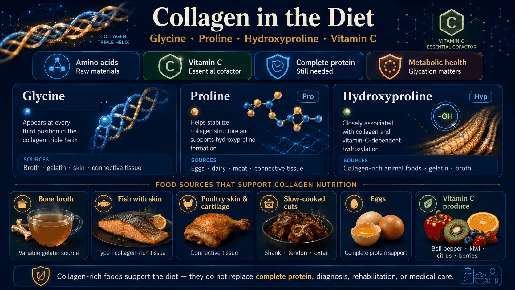 Collagen diet amino acids and food sources infographic