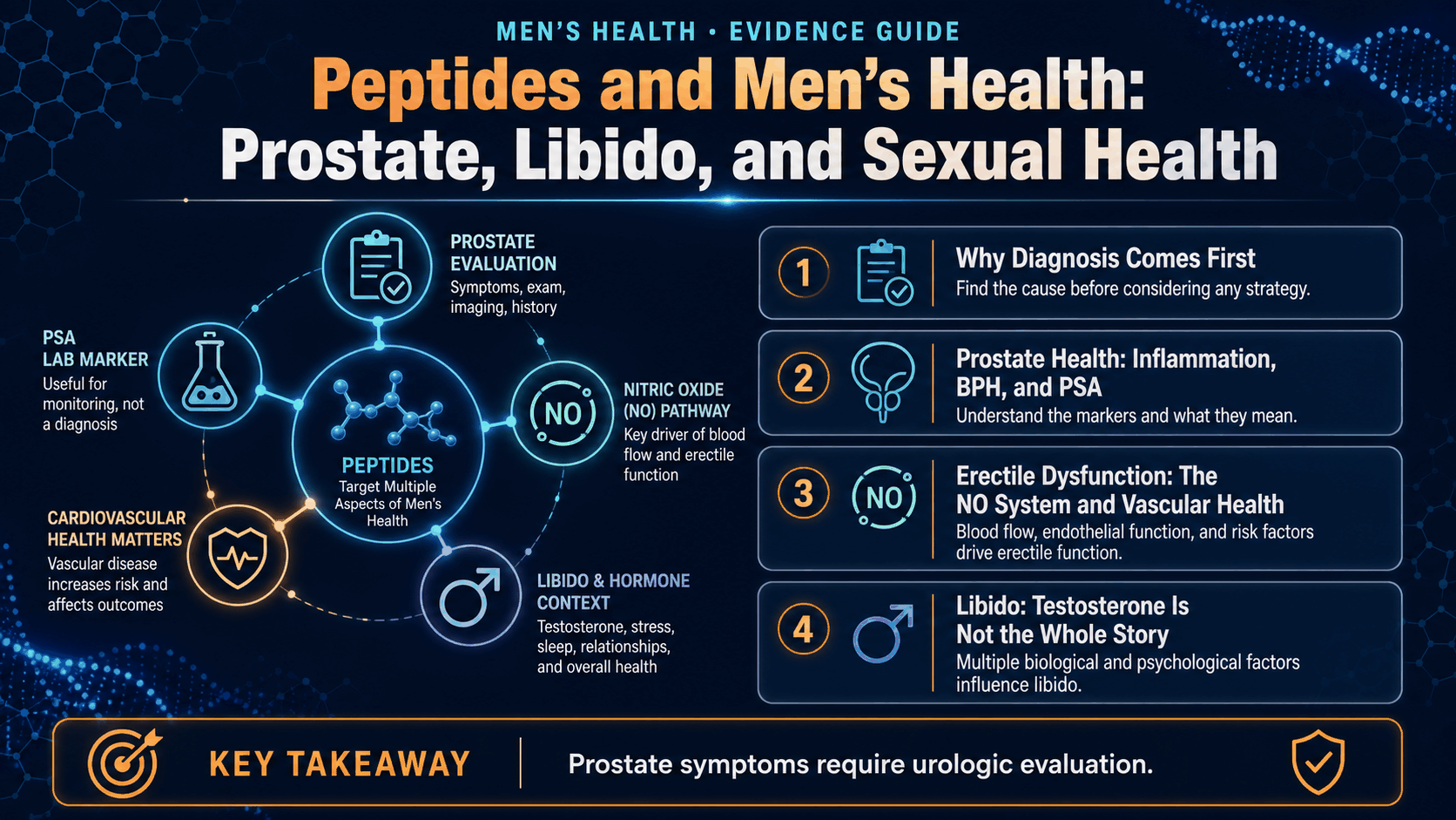 Educational illustration for men’s health, prostate symptoms, libido, and peptide safety boundaries