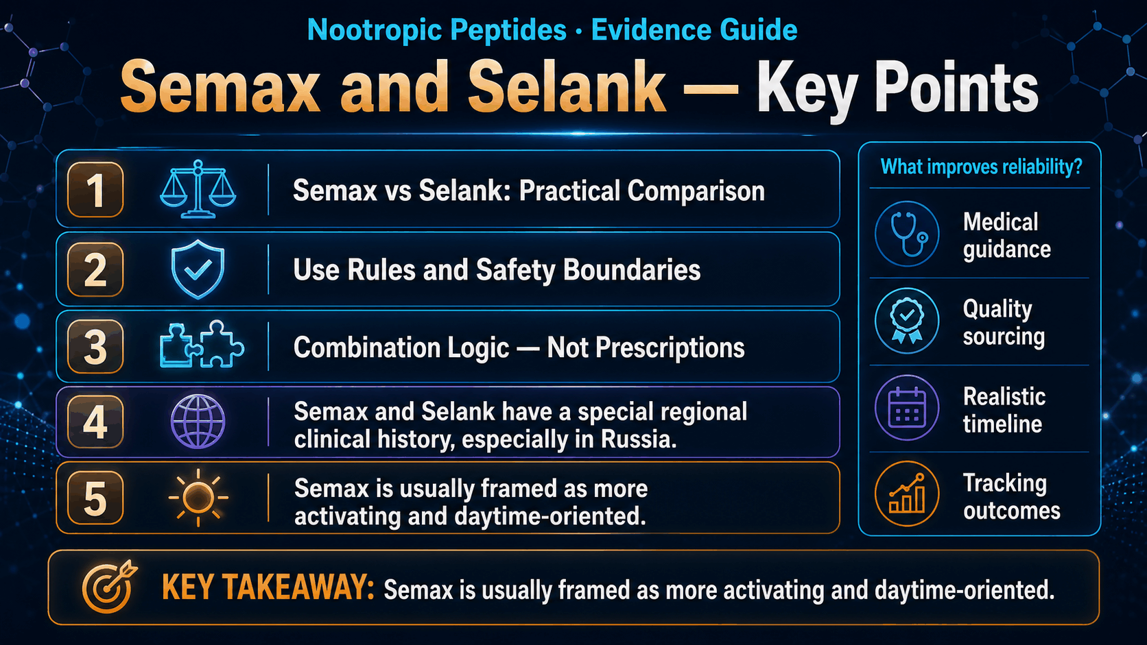 Educational visual summary comparing Semax activation and Selank stabilization contexts