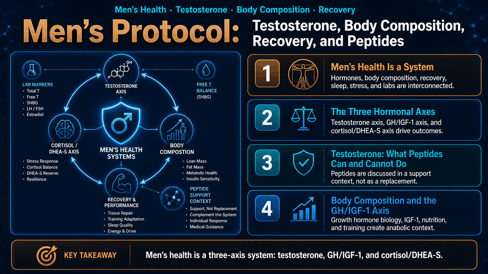 Educational illustration for men’s hormone health, testosterone, SHBG, IGF-1, and peptide safety