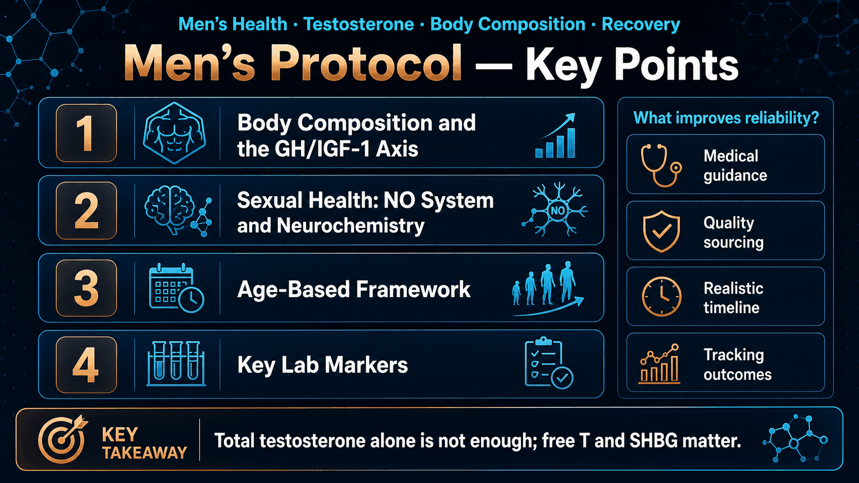 Educational illustration for men’s hormone labs, testosterone context, and sexual health risk markers
