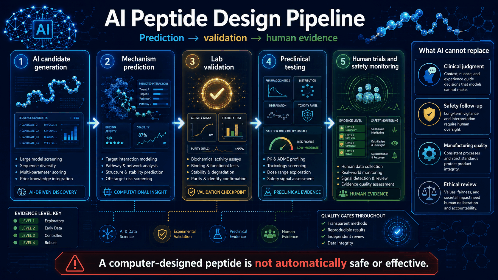 AI peptide design and timeless biology framework infographic